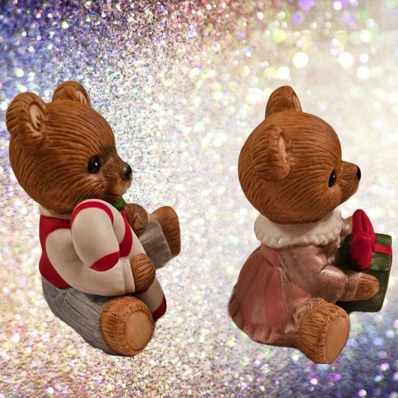 Pair Christmas Teddy Bear Figurines Homco Candy Cane Gift Boy Girl - Picture 5 of 8
